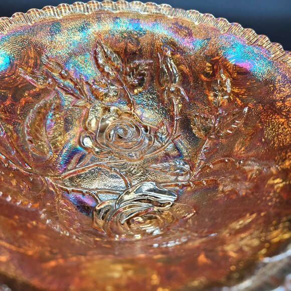 Carnival Glass Bowl Marigold Orange Imperial Rose Round Iridescent JJ1548 - Picture 5 of 10